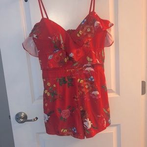 Off the shoulder tropical romper.